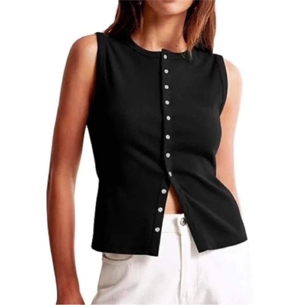 Abercrombie & Fitch Black Sleeveless Button-Down Ribbed Top